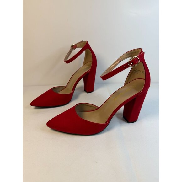 Dream Pairs Red High Heels Size 9 Block Pointed Toe Ankle Strap Dress Shoes - Picture 1 of 14